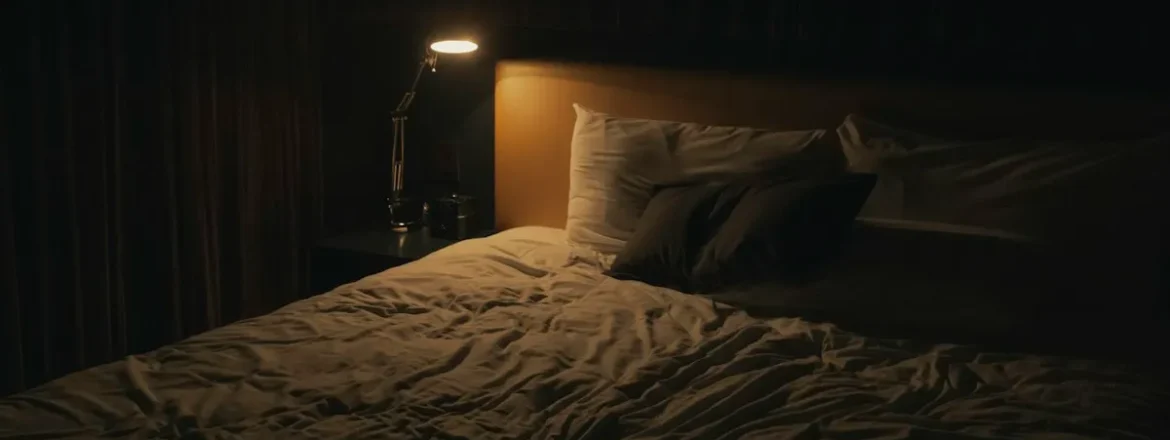Bedside lamp glowing softly next to a made bed at night
